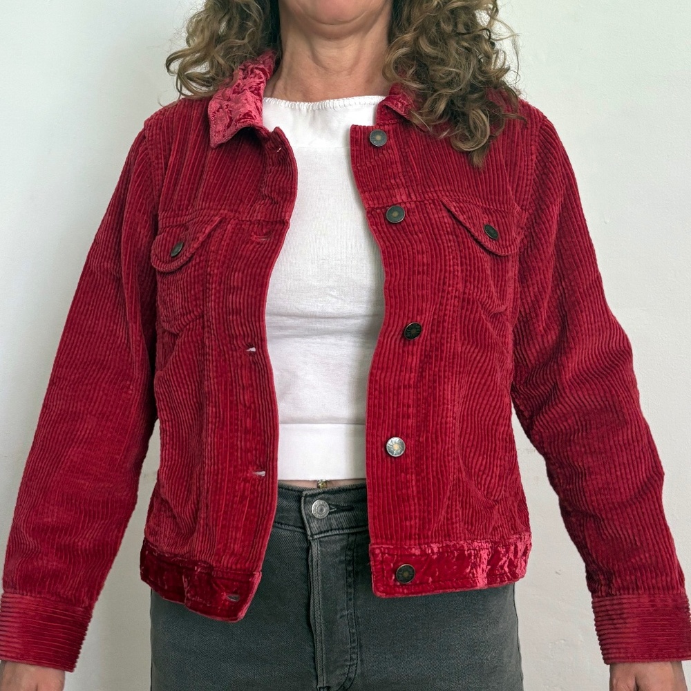 J. Jill Red Corduroy Trimmed in Velvet Trucker Style Jacket Coat - Size MP